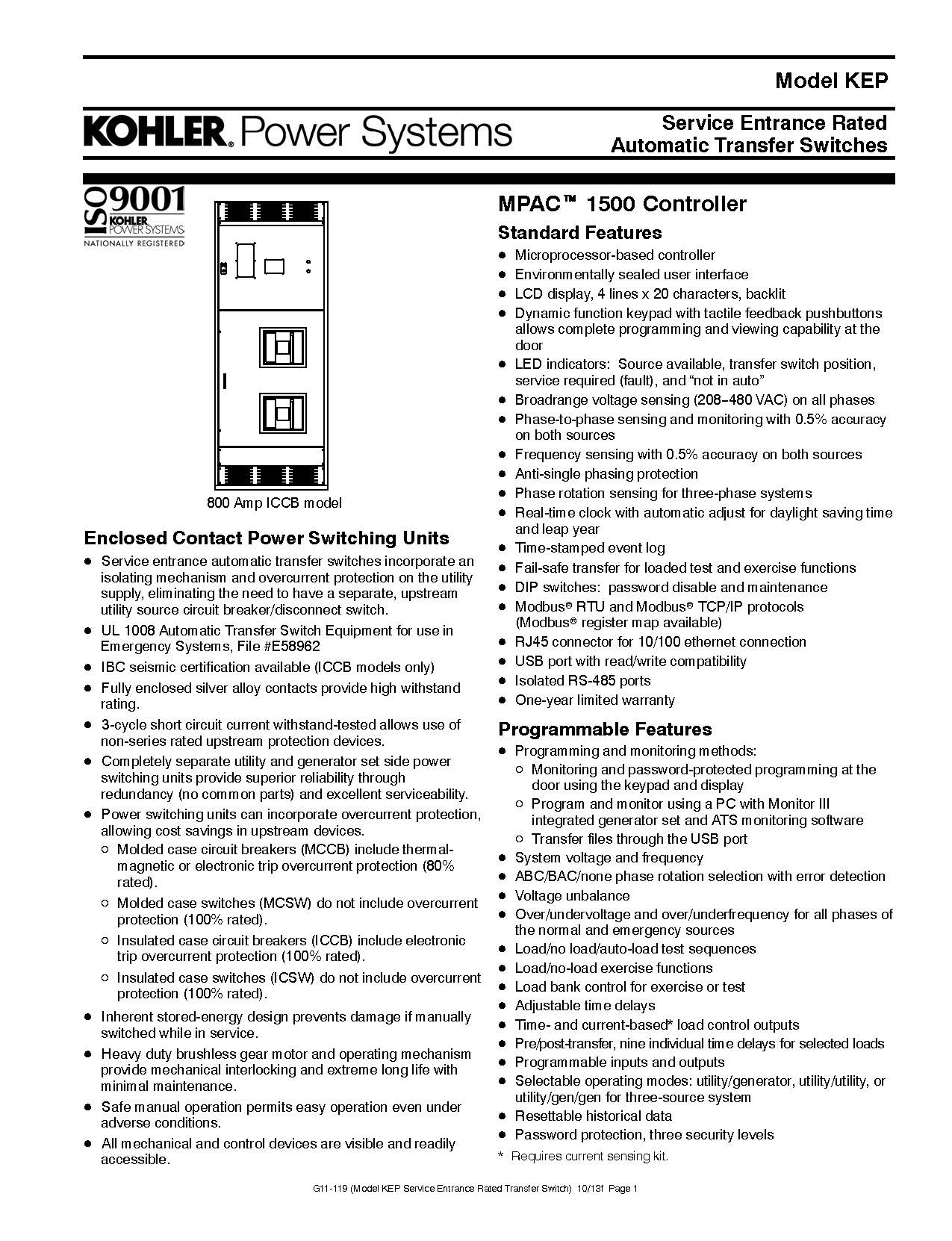Kohler Transfer Switch 1000amp, Service Entry Rated model KEP-DMVA-1000-TQ
