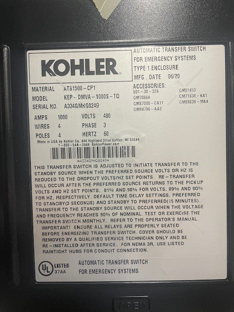 Kohler Transfer Switch 1000amp, Service Entry Rated model KEP-DMVA-1000-TQ
