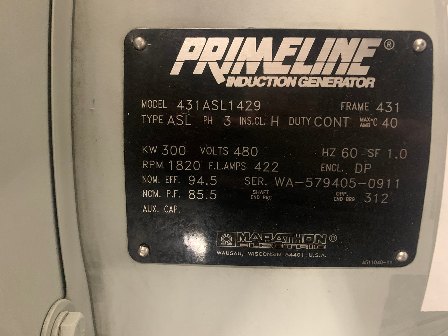 Marathon Primeline 300kw induction generator model 431 ASL1429